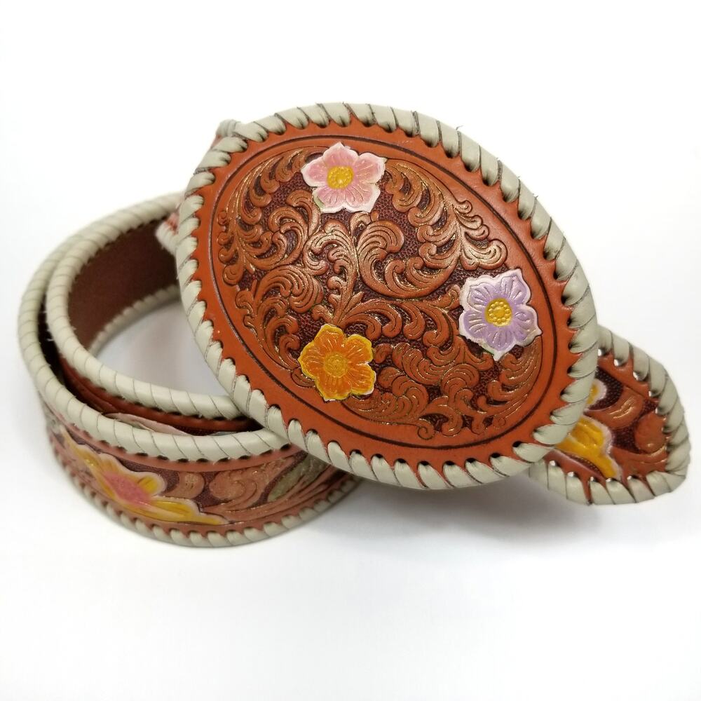 Nocona Floral Tooled Leather Belt - Brown and Cream